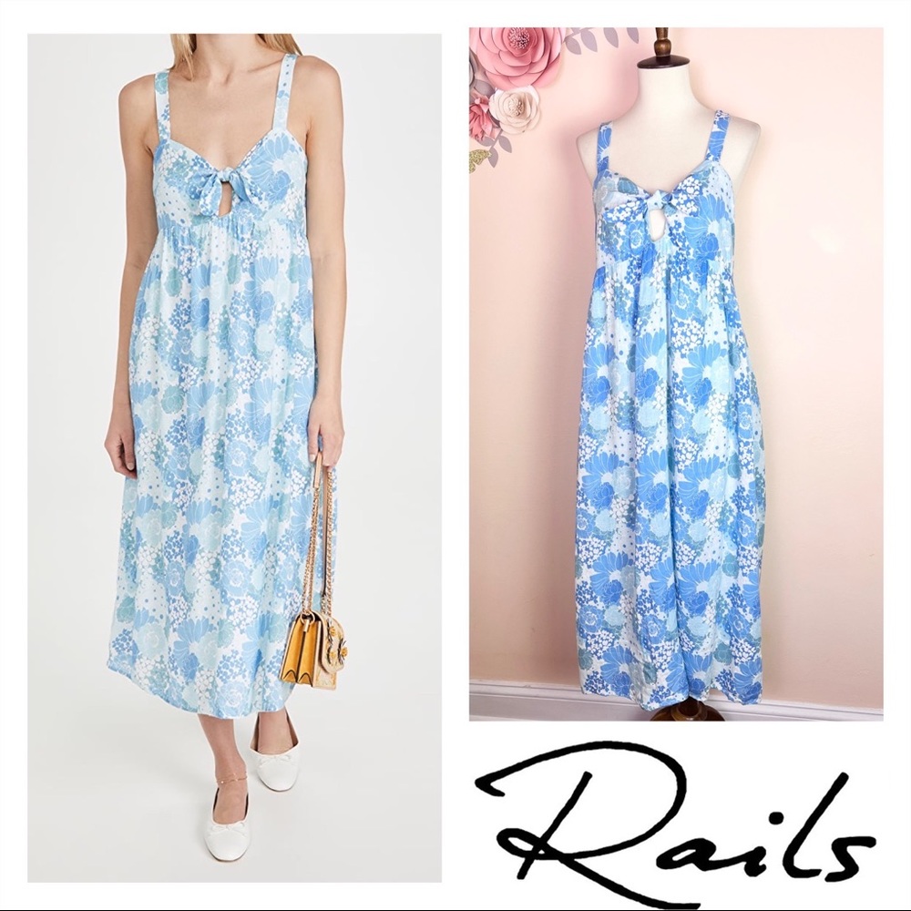 New! Rare RAILS Serafina Front Tie Shirred Back Linen Blend Midi Dress